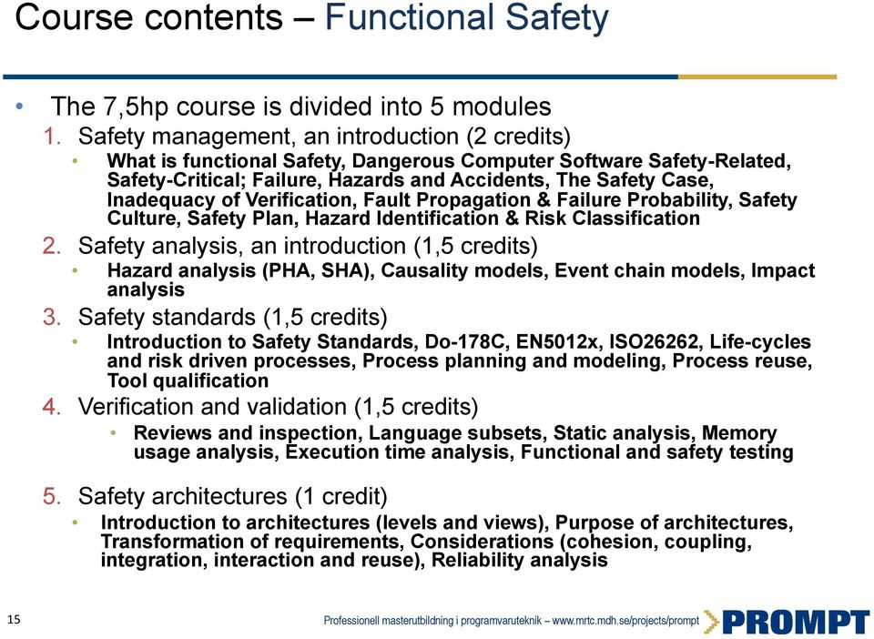 Verification, Fault Propagation & Failure Probability, Safety Culture, Safety Plan, Hazard Identification & Risk Classification 2.