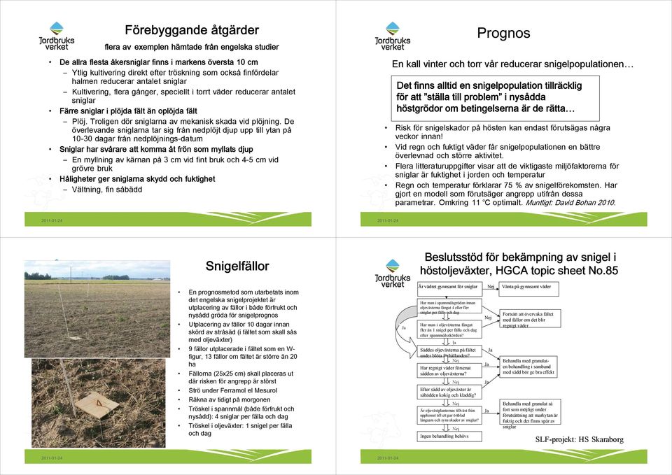 De överlevande sniglarna tar sig från nedplöjt djup upp till ytan på 1-3 dagar från nedplöjnings-datum Sniglar har svårare att komma åt frön som myllats djup En myllning av kärnan på 3 cm vid fint