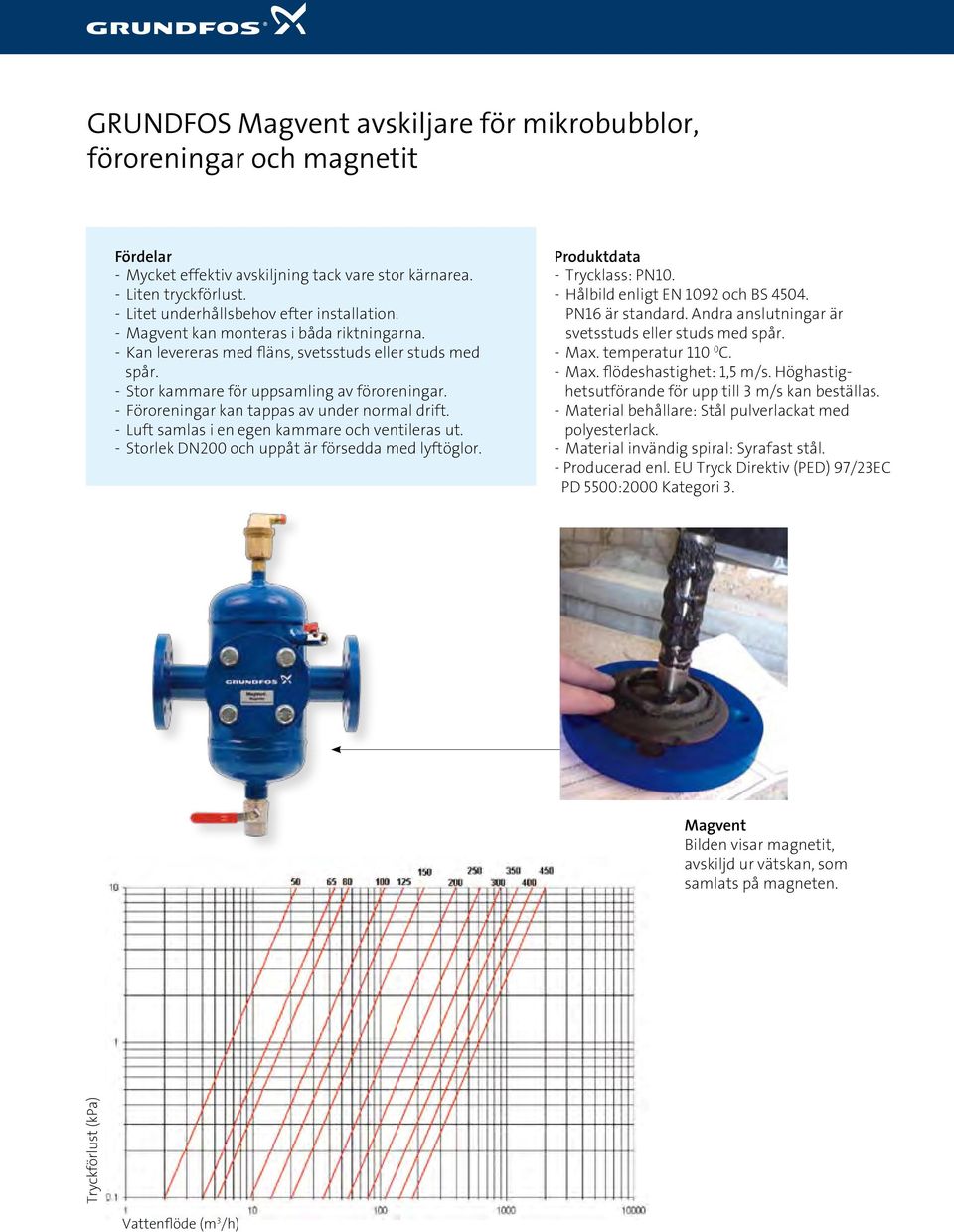 - Föroreningar kan tappas av under normal drift. - Luft samlas i en egen kammare och ventileras ut. - Storlek DN200 och uppåt är försedda med lyftöglor. Produktdata - Trycklass: PN10.