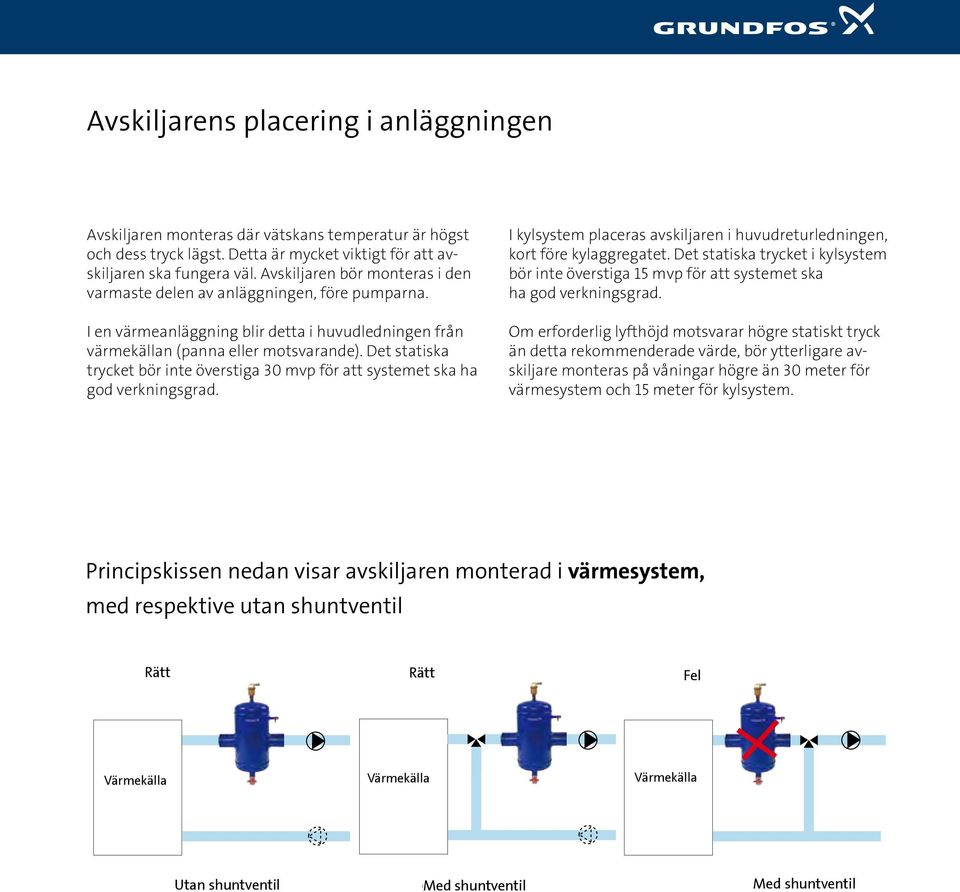 Det statiska trycket bör inte överstiga 30 mvp för att systemet ska ha god verkningsgrad. I kylsystem placeras avskiljaren i huvudreturledningen, kort före kylaggregatet.