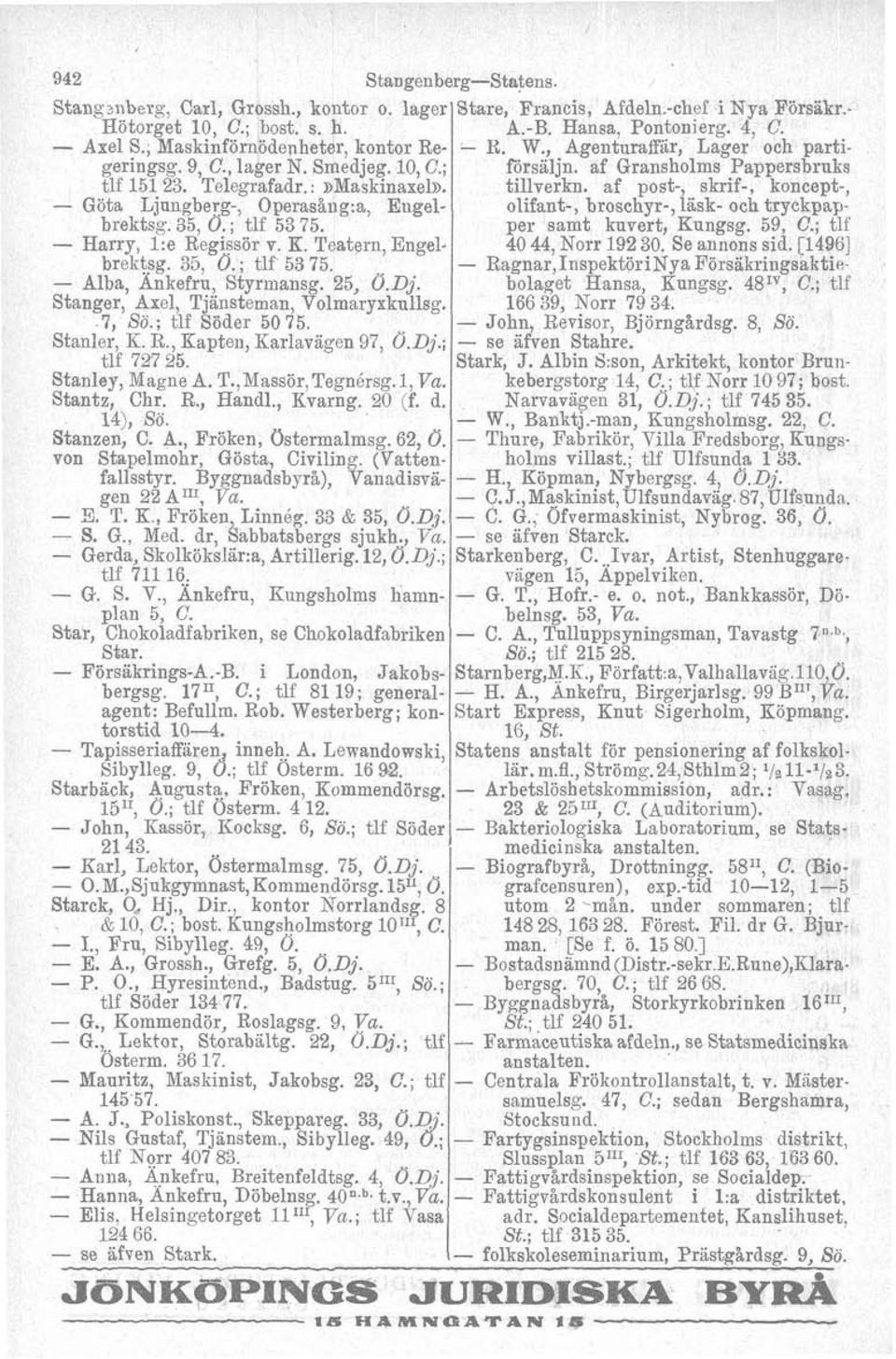 Stanger, Axel, Tjänsteman, Volmaryxkullsg. 7, So.; tlf Söder 5075. Stanler, K. R., Kapten, Karlavagen 97, O.D~.; tlf 727 25. Stanley, Magne A. T.,Massör,Tegnérsg.l, Va. Stantz, Chr. R., Handl.