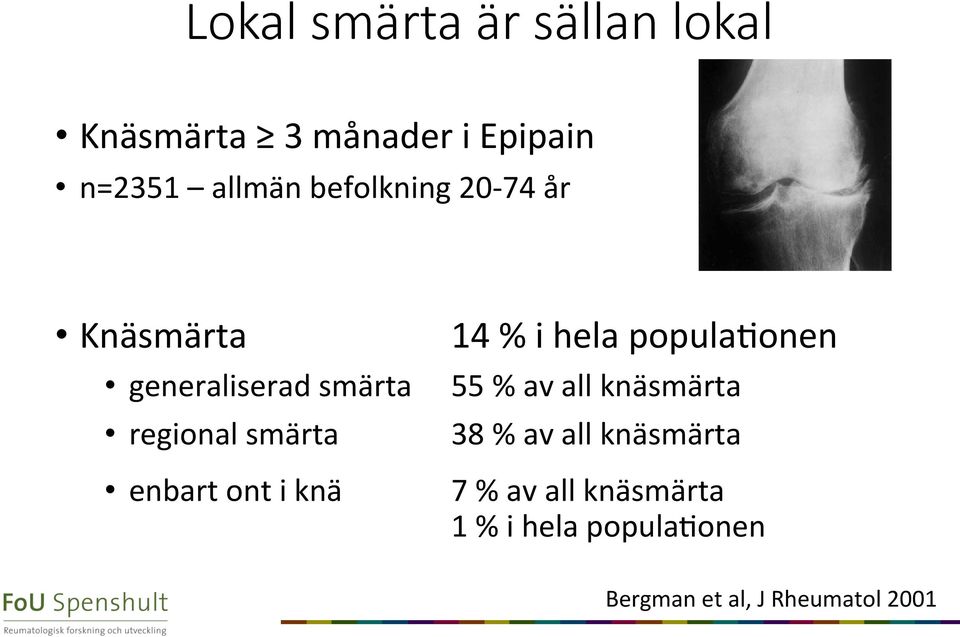 ont i knä 14 % i hela populaeonen 55 % av all knäsmärta 38 % av all