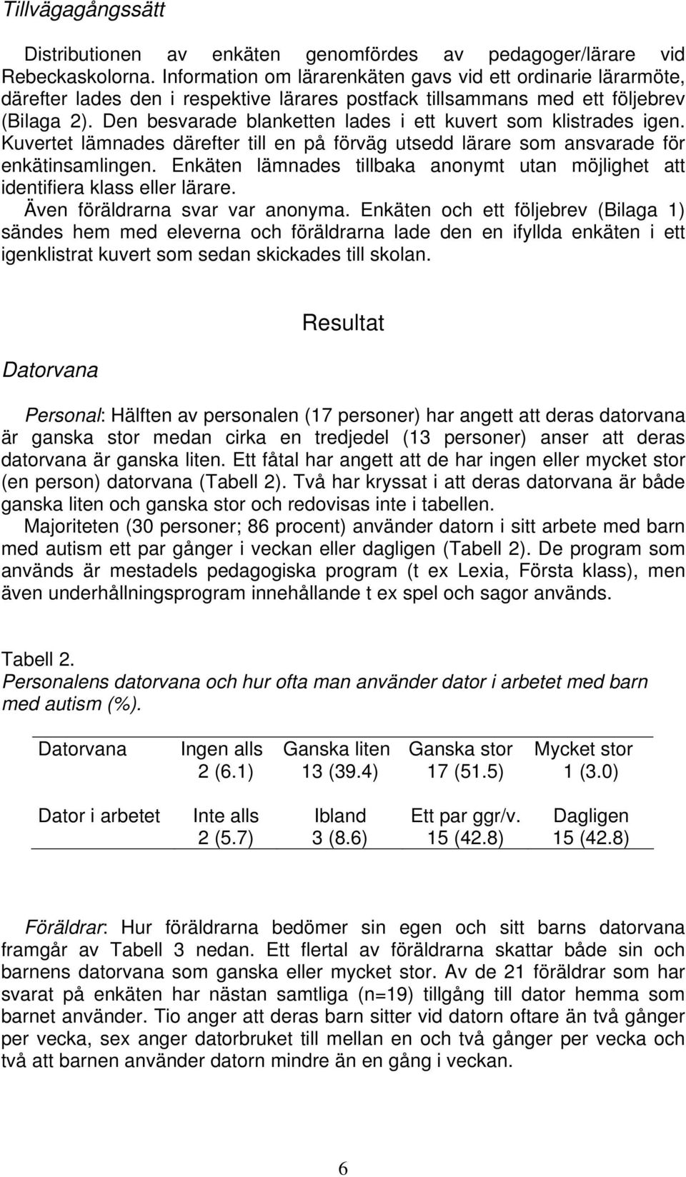Den besvarade blanketten lades i ett kuvert som klistrades igen. Kuvertet lämnades därefter till en på förväg utsedd lärare som ansvarade för enkätinsamlingen.