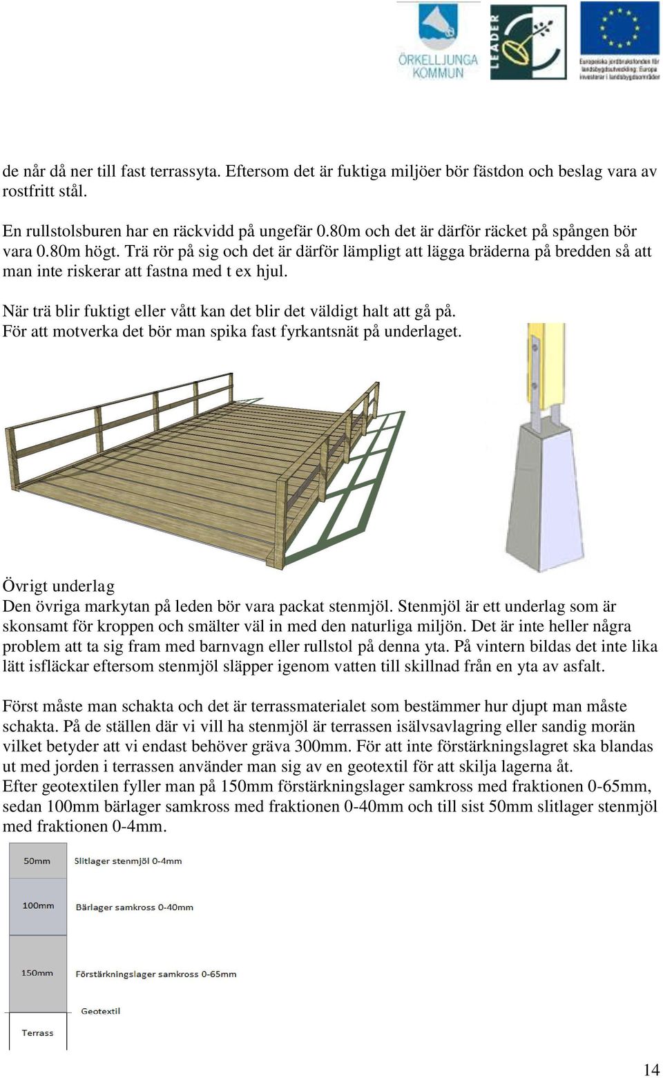 När trä blir fuktigt eller vått kan det blir det väldigt halt att gå på. För att motverka det bör man spika fast fyrkantsnät på underlaget.