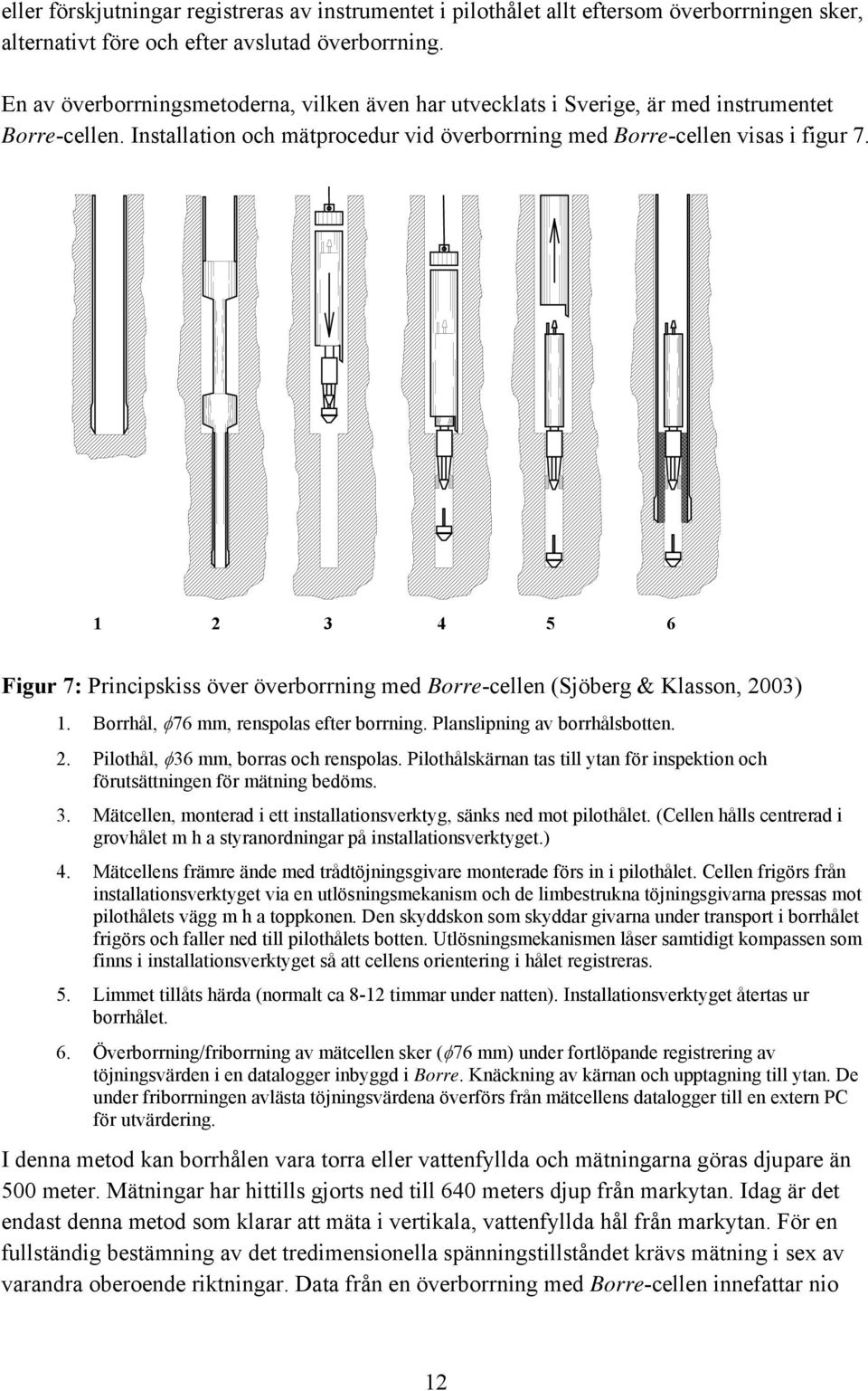 1 2 3 4 5 6 Figur 7: Principskiss över överborrning med Borre-cellen (Sjöberg & Klasson, 23) 1. Borrhål, φ76 mm, renspolas efter borrning. Planslipning av borrhålsbotten. 2. Pilothål, φ36 mm, borras och renspolas.
