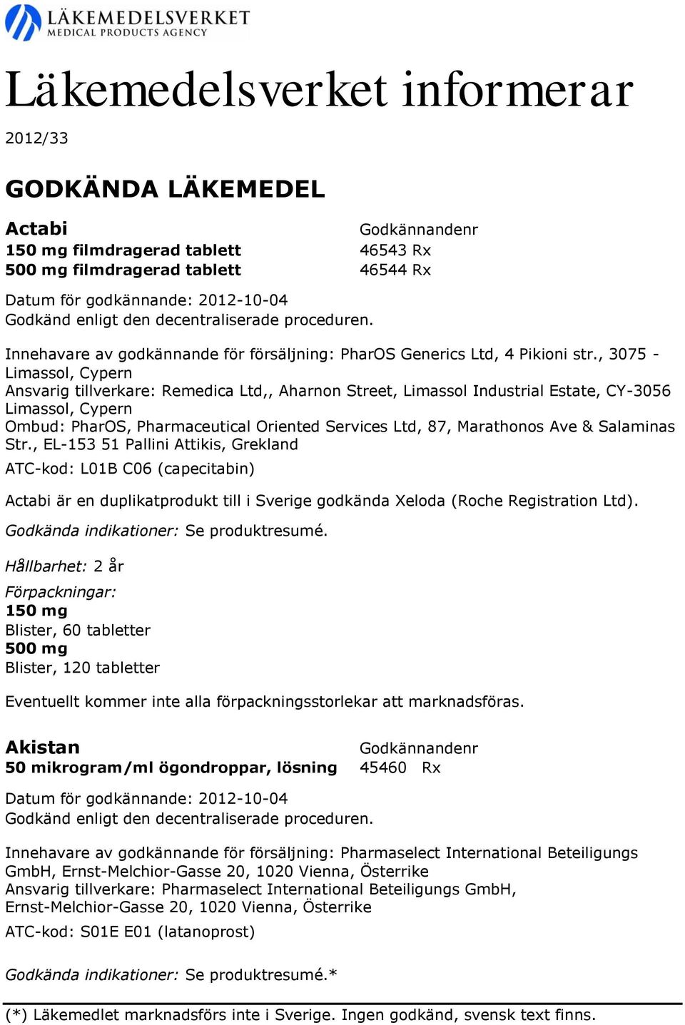 , EL-153 51 Pallini Attikis, Grekland ATC-kod: L01B C06 (capecitabin) Actabi är en duplikatprodukt till i Sverige godkända Xeloda (Roche Registration Ltd).