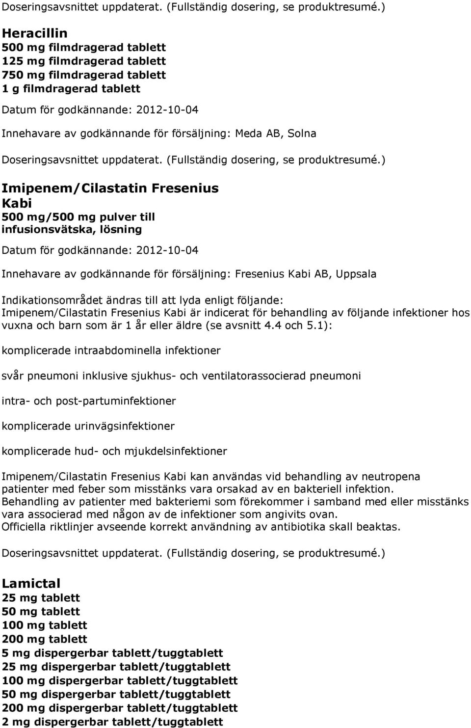 Imipenem/Cilastatin Fresenius Kabi 500 mg/500 mg pulver till infusionsvätska, lösning Innehavare av godkännande för försäljning: Fresenius Kabi AB, Uppsala Indikationsområdet ändras till att lyda