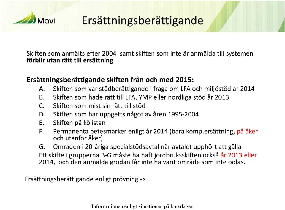 Skiften som har uppgetts något av åren 1995-2004 E. Skiften på kölistan F. Permanenta betesmarker enligt år 2014 (bara komp.ersättning, på åker och utanför åker) G.