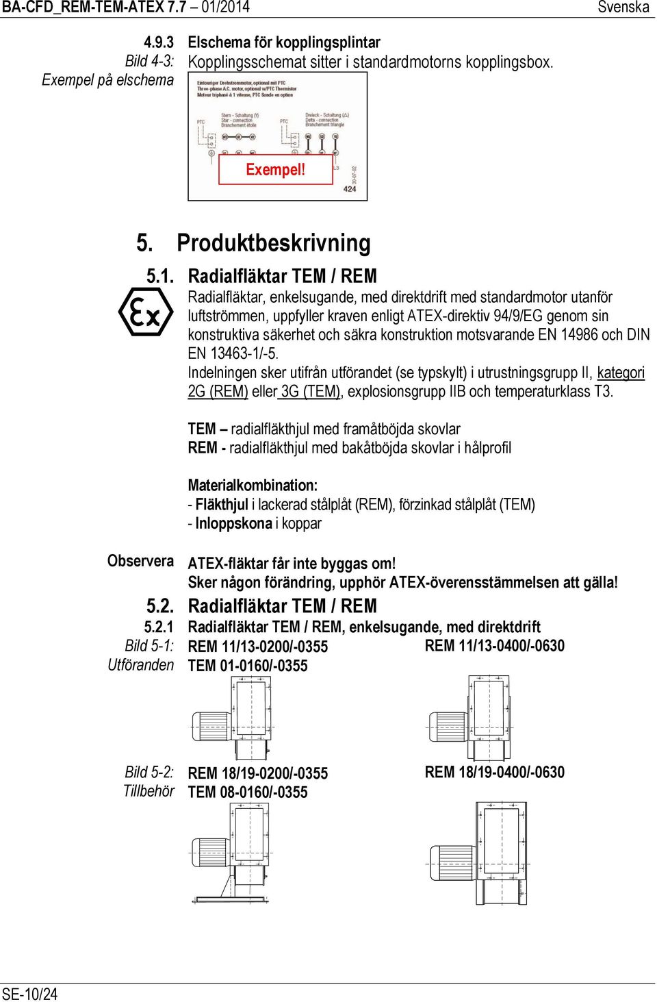 Radialfläktar TEM / REM Radialfläktar, enkelsugande, med direktdrift med standardmotor utanför luftströmmen, uppfyller kraven enligt ATEX-direktiv 94/9/EG genom sin konstruktiva säkerhet och säkra