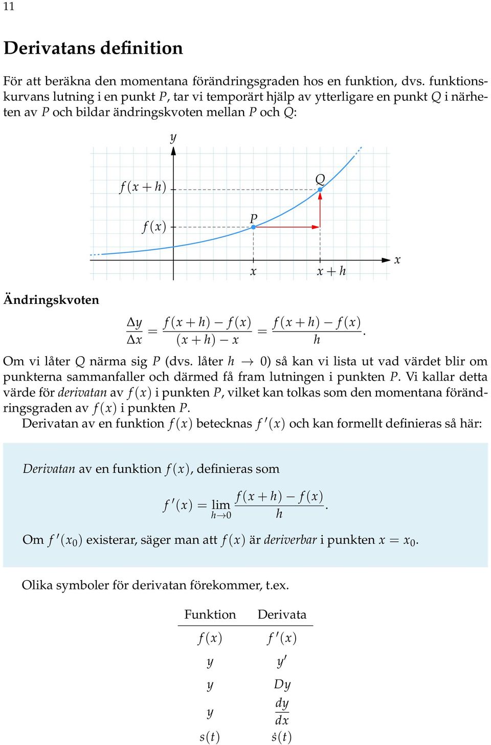 () ( + h) = f ( + h) f (). h Om vi låter Q närma sig P (dvs. låter h 0) så kan vi lista ut vad värdet blir om punkterna sammanfaller och därmed få fram lutningen i punkten P.