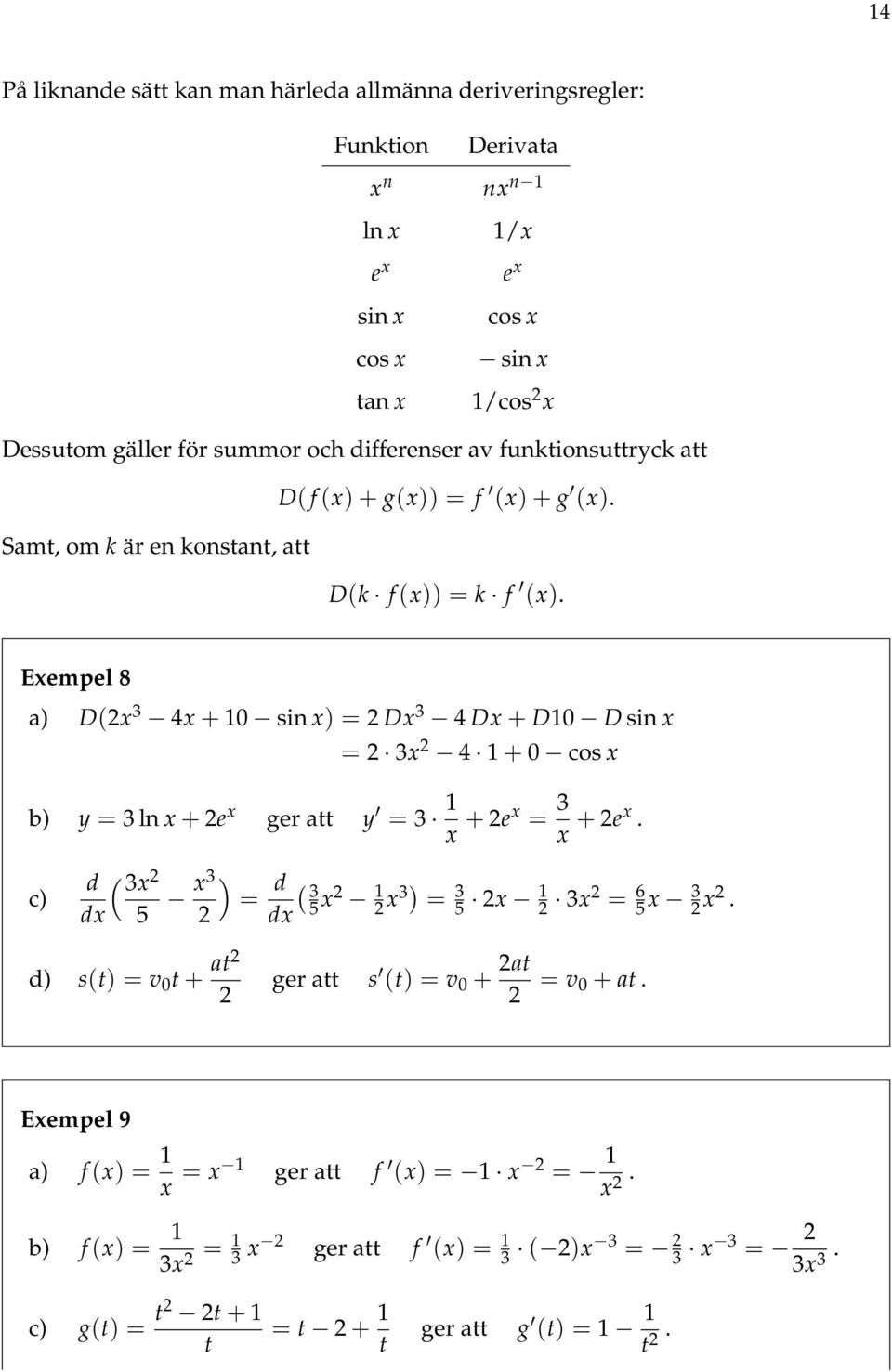 Eempel 8 a) D(2 3 4 + 0 sin ) = 2 D 3 4 D + D0 D sin = 2 3 2 4 + 0 cos b) y = 3 ln + 2e ger att y = 3 + 2e = 3 + 2e.