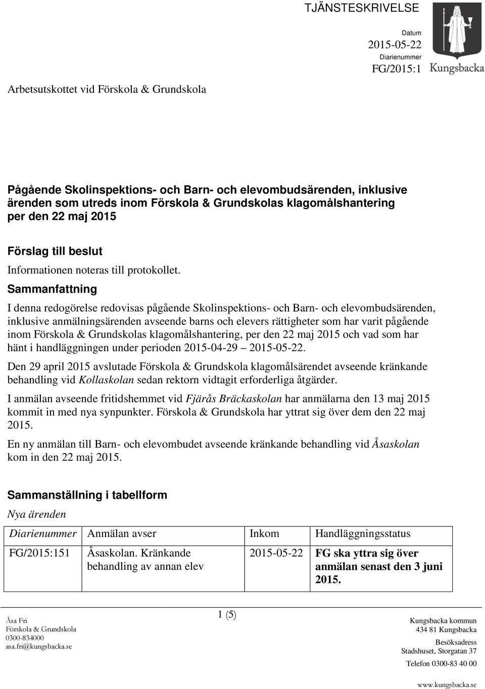 Sammanfattning I denna redogörelse redovisas pågående Skolinspektions- och Barn- och elevombudsärenden, inklusive anmälningsärenden avseende barns och elevers rättigheter som har varit pågående inom