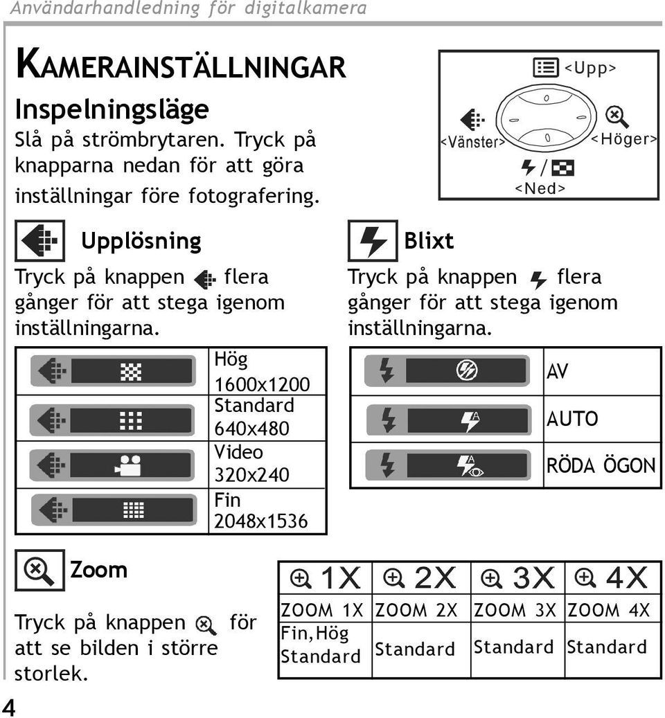 Hög 1600x1200 Standard 640x480 Video 320x240 Fin 2048x1536 Blixt Tryck på knappen flera gånger för att stega igenom