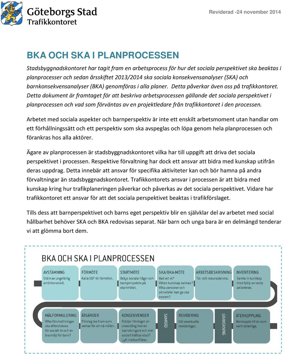 Detta dokument är framtaget för att beskriva arbetsprocessen gällande det sociala perspektivet i planprocessen och vad som förväntas av en projektledare från trafikkontoret i den processen.