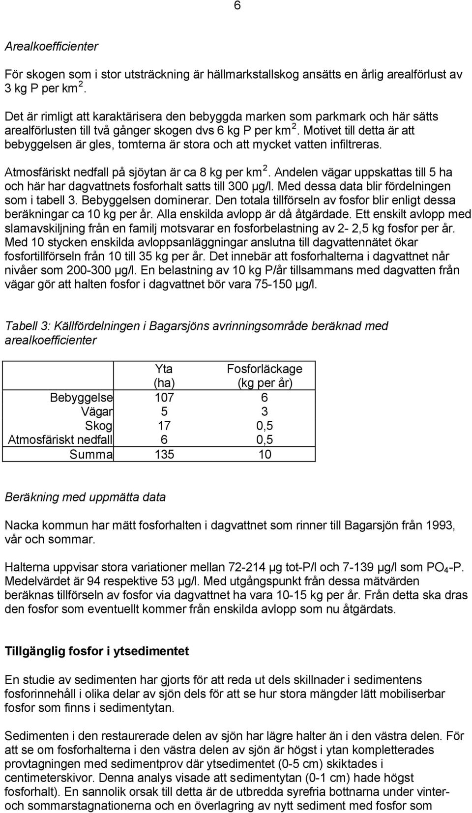 Motivet till detta är att bebyggelsen är gles, tomterna är stora och att mycket vatten infiltreras. Atmosfäriskt nedfall på sjöytan är ca 8 kg per km 2.