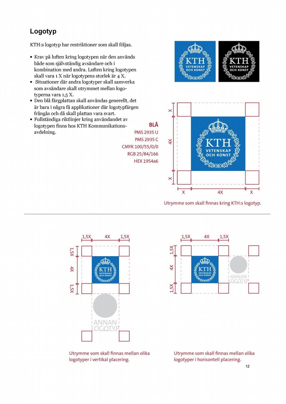 Luften kring logotypen skall vara 1 X när logotypens storlek är 4 X.