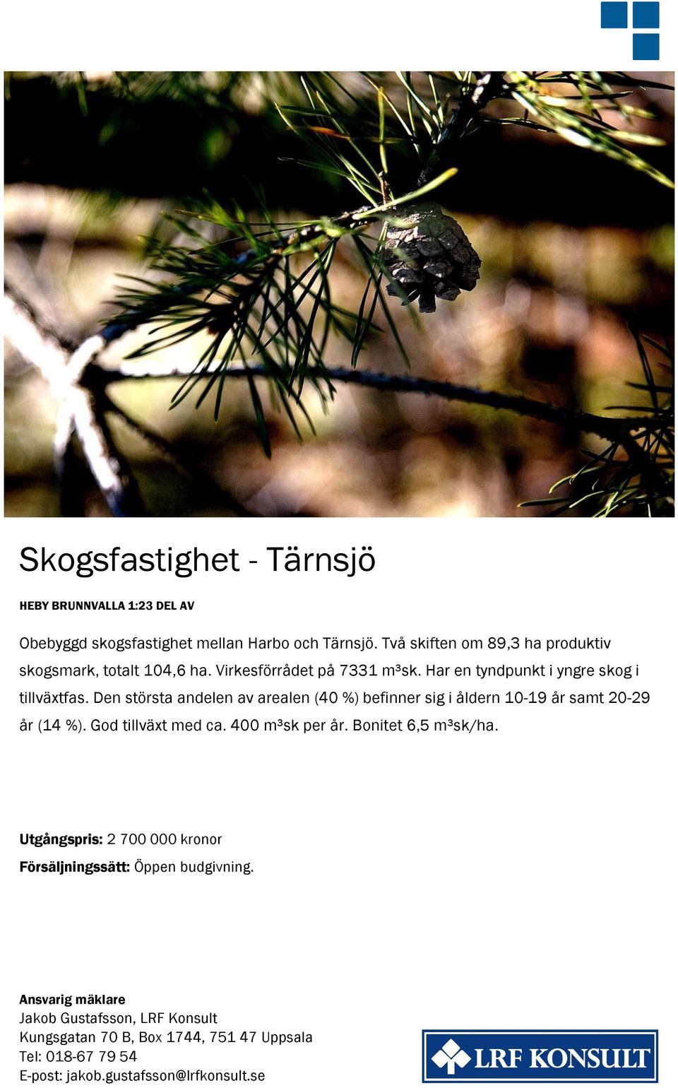 Den största andelen av arealen (40 %) befinner sig i åldern 10-19 år samt 20-29 år (14 %). God tillväxt med ca. 400 m³sk per år. Bonitet 6,5 m³sk/ha.