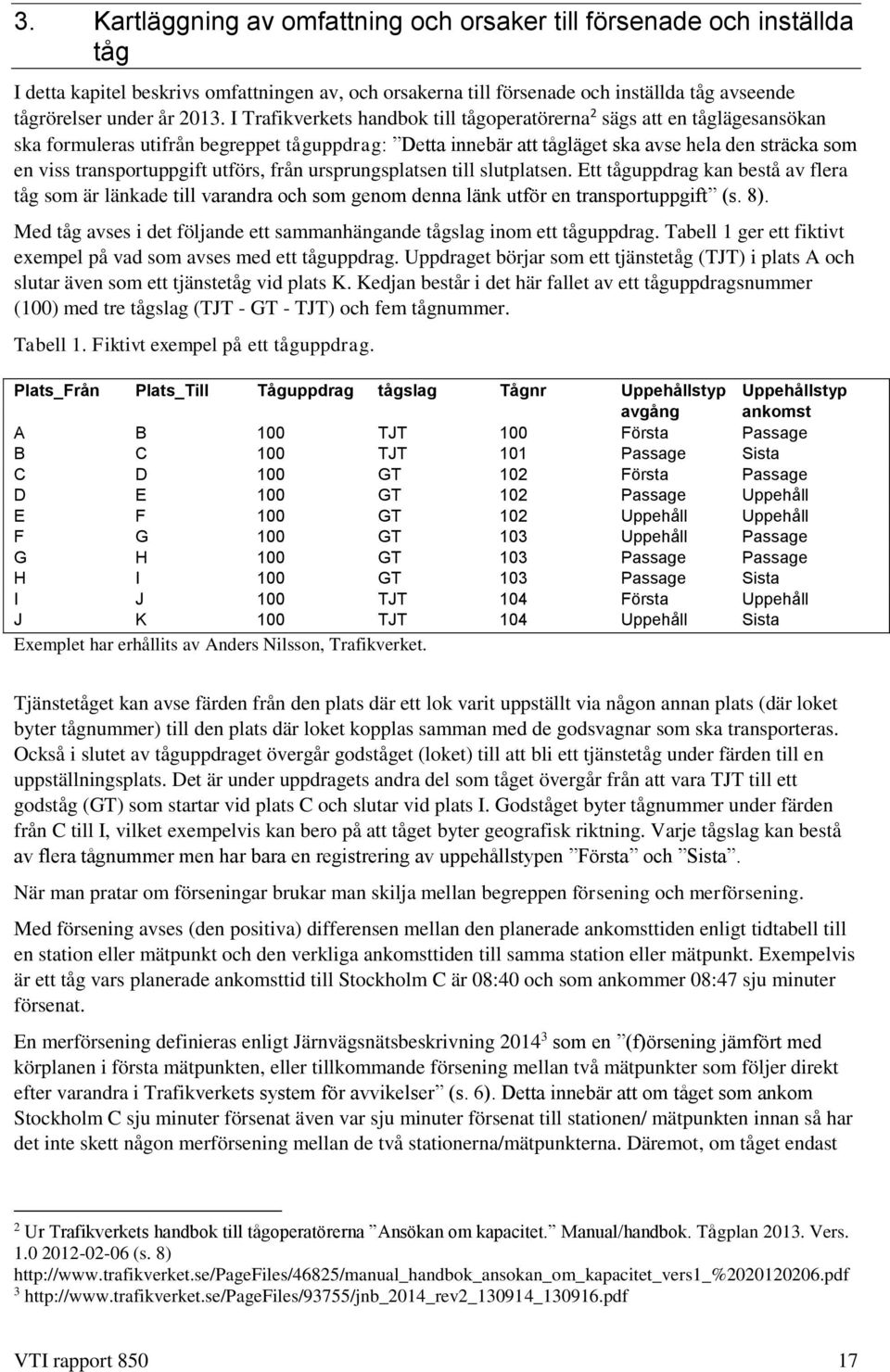 transportuppgift utförs, från ursprungsplatsen till slutplatsen. Ett tåguppdrag kan bestå av flera tåg som är länkade till varandra och som genom denna länk utför en transportuppgift (s. 8).