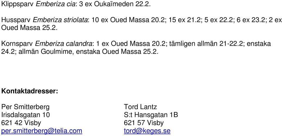 2; tämligen allmän 21-22.2; enstaka 24.2; allmän Goulmime, enstaka Oued Massa 25.2. Kontaktadresser: Per