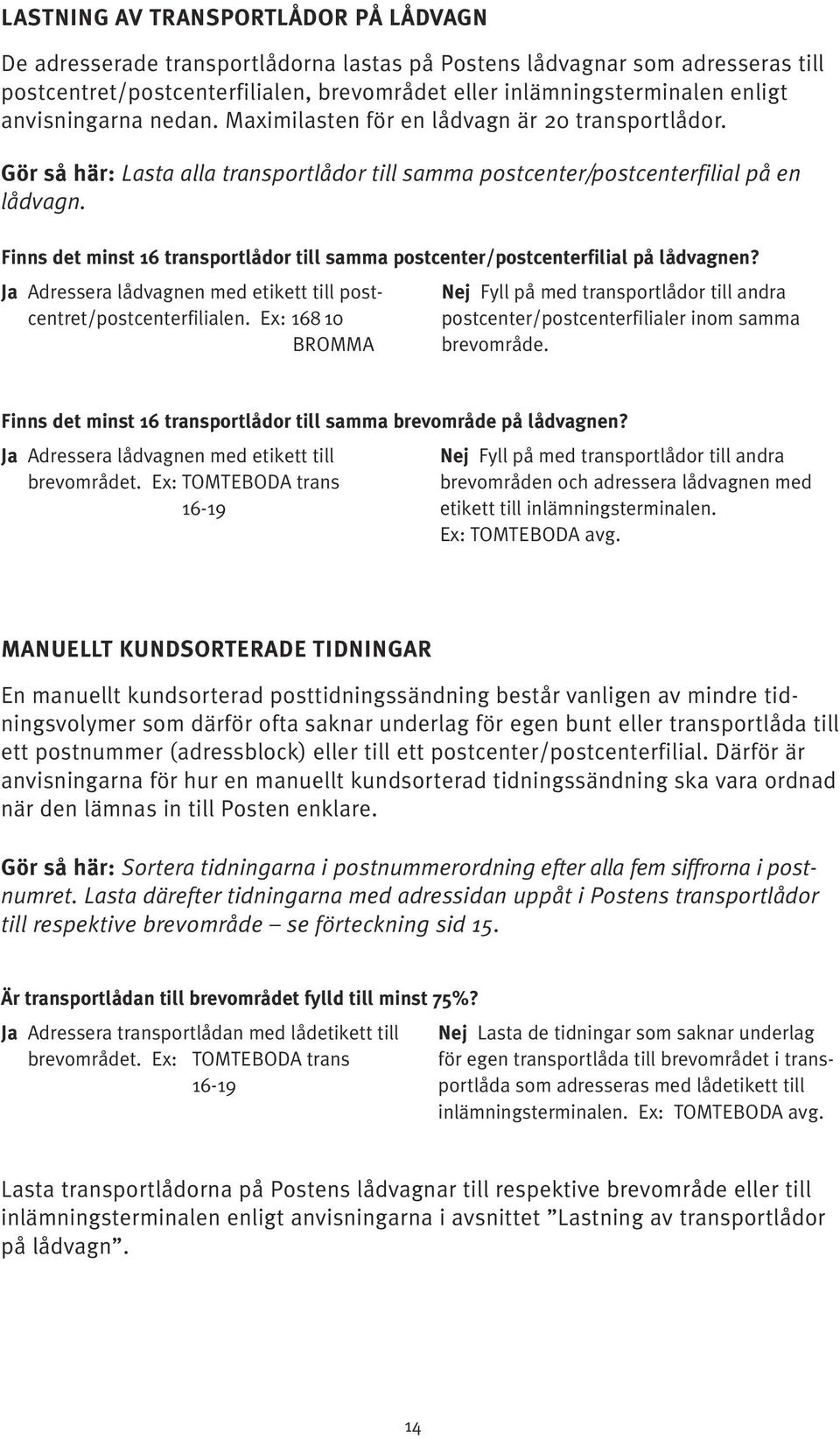 Finns det minst 16 transportlådor till samma postcenter/postcenterfilial på lådvagnen? Ja Adressera lådvagnen med etikett till postcentret/postcenterfilialen.