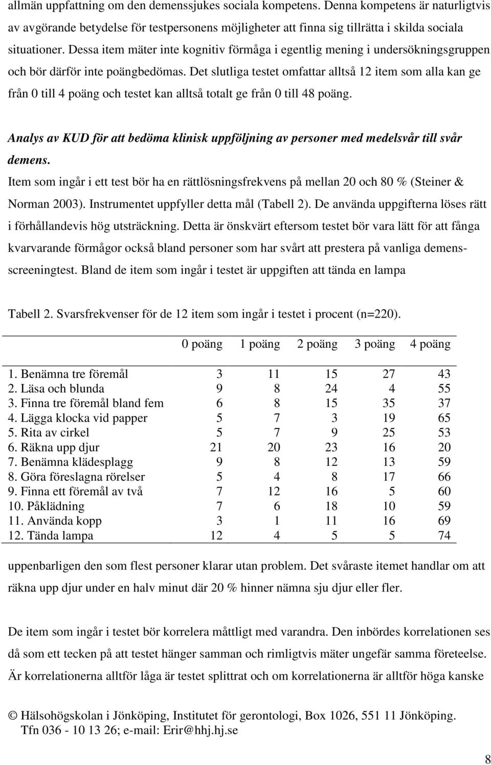 Det slutliga testet omfattar alltså 12 item som alla kan ge från 0 till 4 poäng och testet kan alltså totalt ge från 0 till 48 poäng.