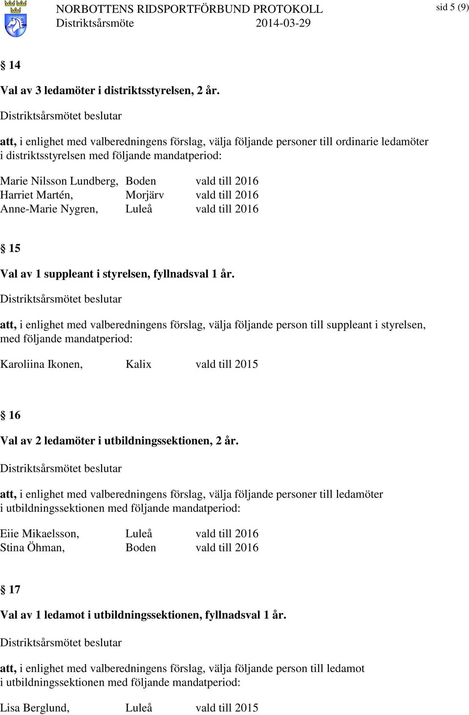 Martén, Morjärv vald till 2016 Anne-Marie Nygren, Luleå vald till 2016 15 Val av 1 suppleant i styrelsen, fyllnadsval 1 år.