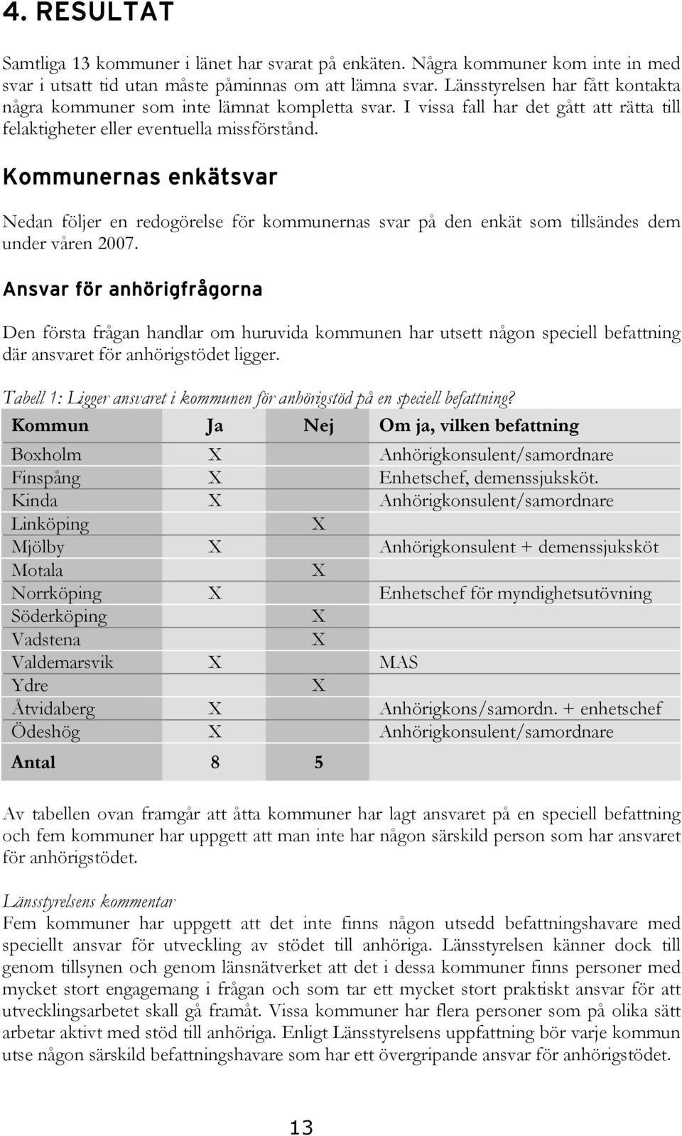 Kommunernas enkätsvar Nedan följer en redogörelse för kommunernas svar på den enkät som tillsändes dem under våren 2007.