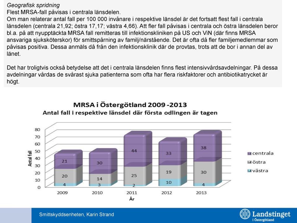 Att fler fall påvisas i centrala och östra länsdelen beror bl.a. på att nyupptäckta MRSA fall remitteras till infektionskliniken på US och ViN (där finns MRSA ansvariga sjuksköterskor) för smittspårning av familj/närstående.