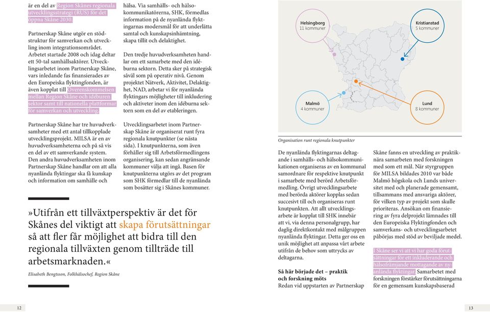 Utvecklingsarbetet inom Partnerskap Skåne, vars inledande fas finansierades av den Europeiska flyktingfonden, är även kopplat till Överenskommelsen mellan Region Skåne och idéburen sektor samt till