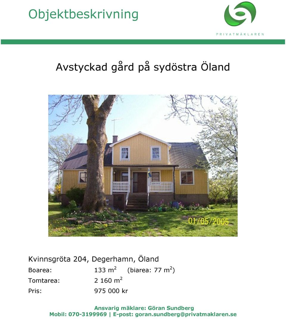 m 2 ) Tomtarea: 2 160 m 2 Pris: 975 000 kr Ansvarig mäklare: