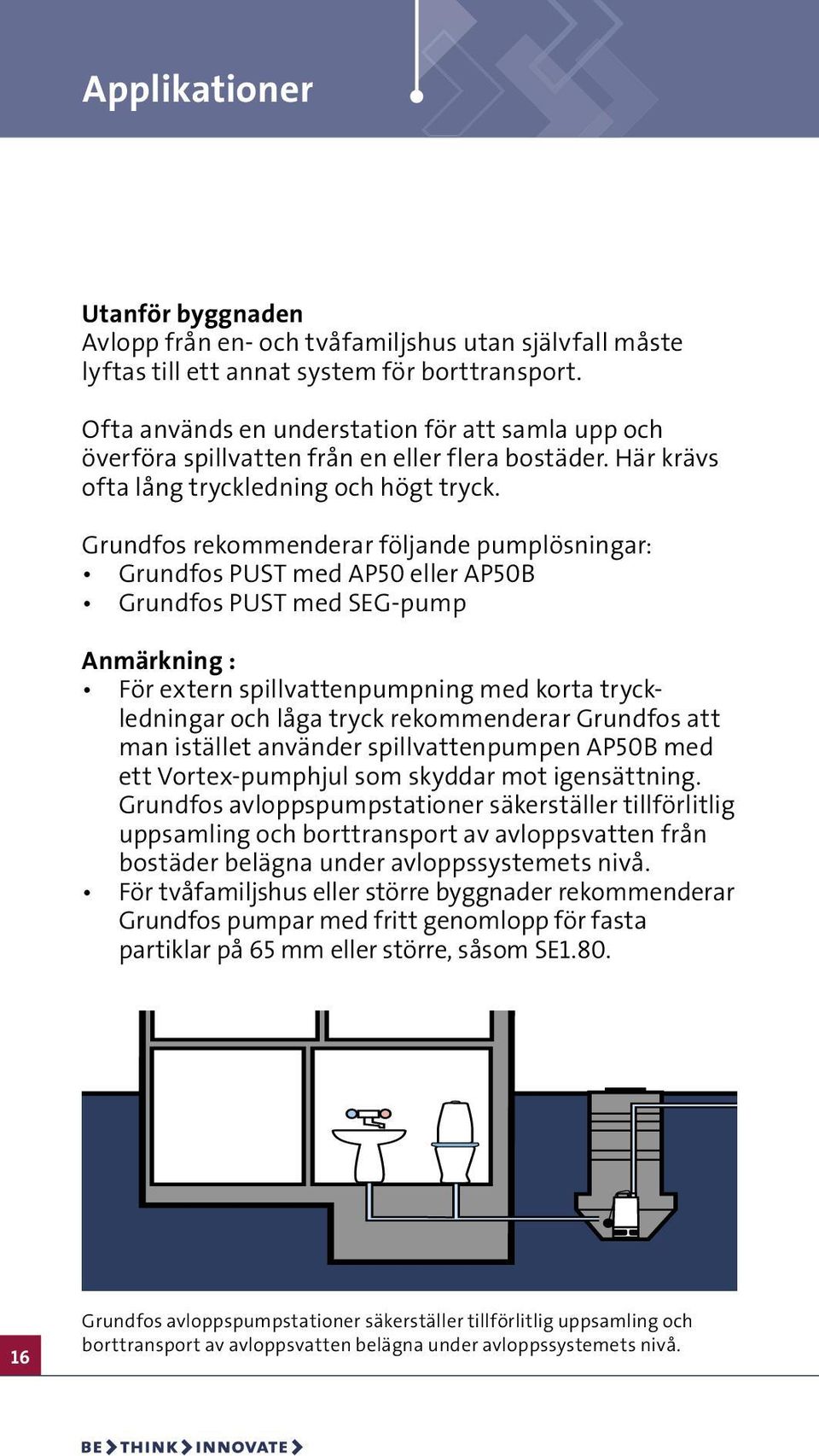 Grundfos rekommenderar följande pumplösningar: Grundfos PUST med AP50 eller AP50B Grundfos PUST med SEG-pump Anmärkning : För extern spillvattenpumpning med korta tryckledningar och låga tryck