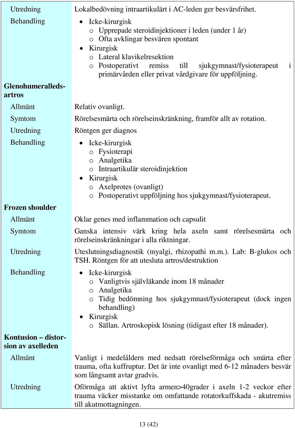 primärvården eller privat vårdgivare för uppföljning. Relativ ovanligt. Rörelsesmärta och rörelseinskränkning, framför allt av rotation.