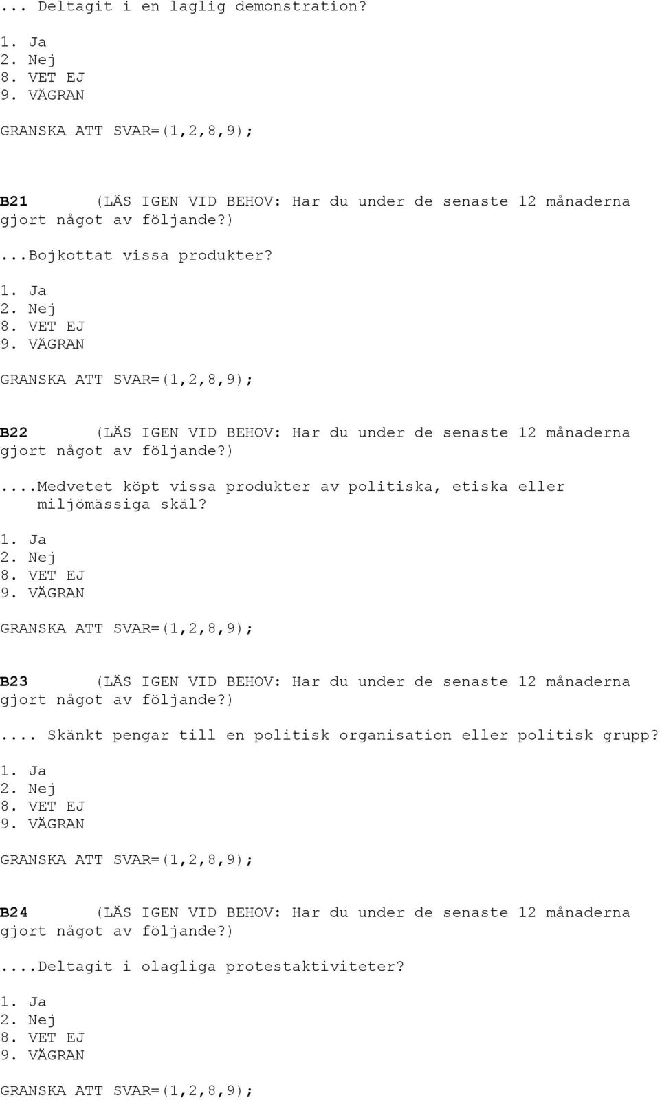 VÄGRAN SVAR=(1,2,8,9); B23 (LÄS IGEN VID BEHOV: Har du under de senaste 12 månaderna gjort något av följande?)... Skänkt pengar till en politisk organisation eller politisk grupp? 9.
