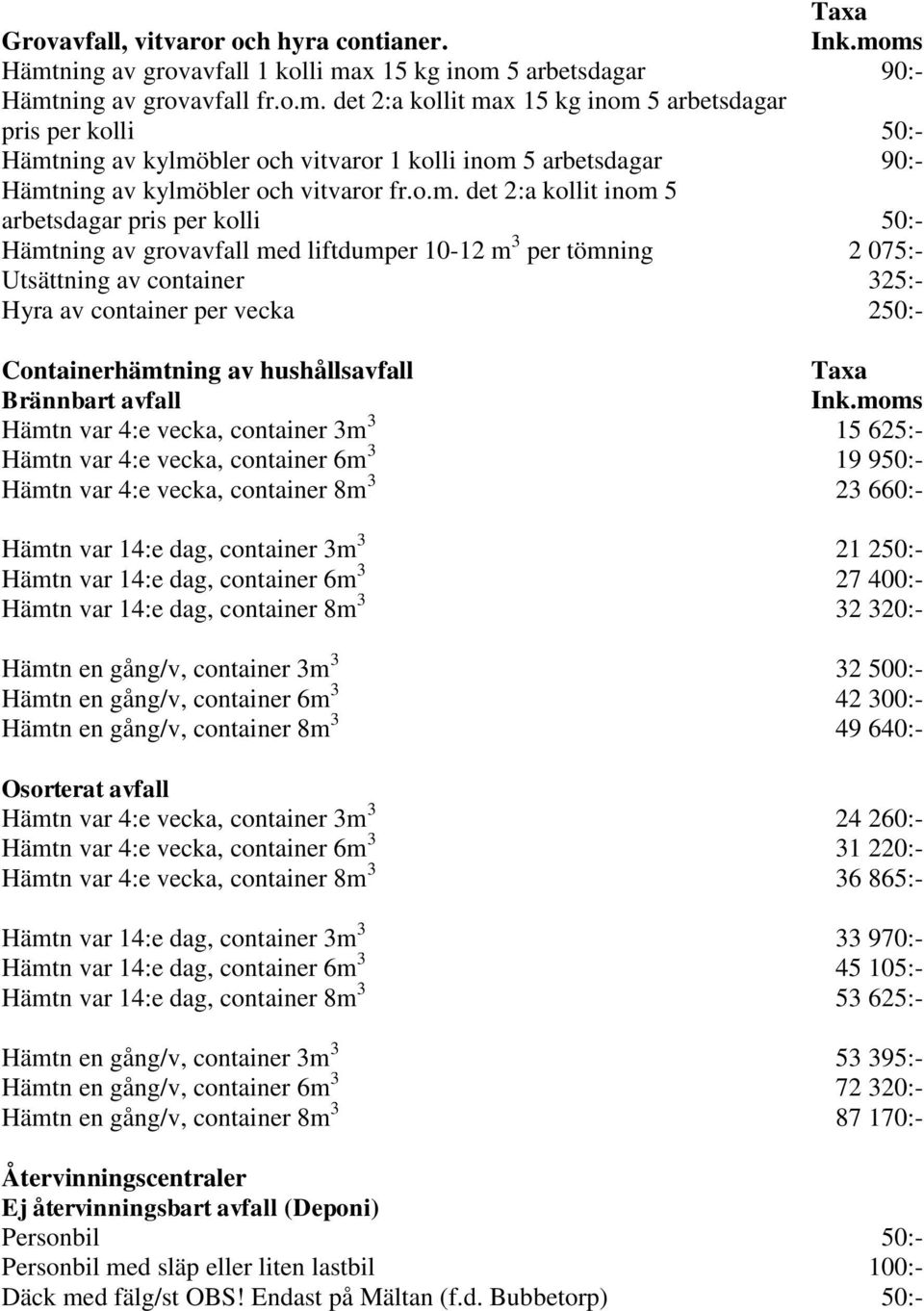 o.m. det 2:a kollit inom 5 arbetsdagar pris per kolli 50:- Hämtning av grovavfall med liftdumper 10-12 m 3 per tömning 2 075:- Utsättning av container 325:- Hyra av container per vecka 250:-