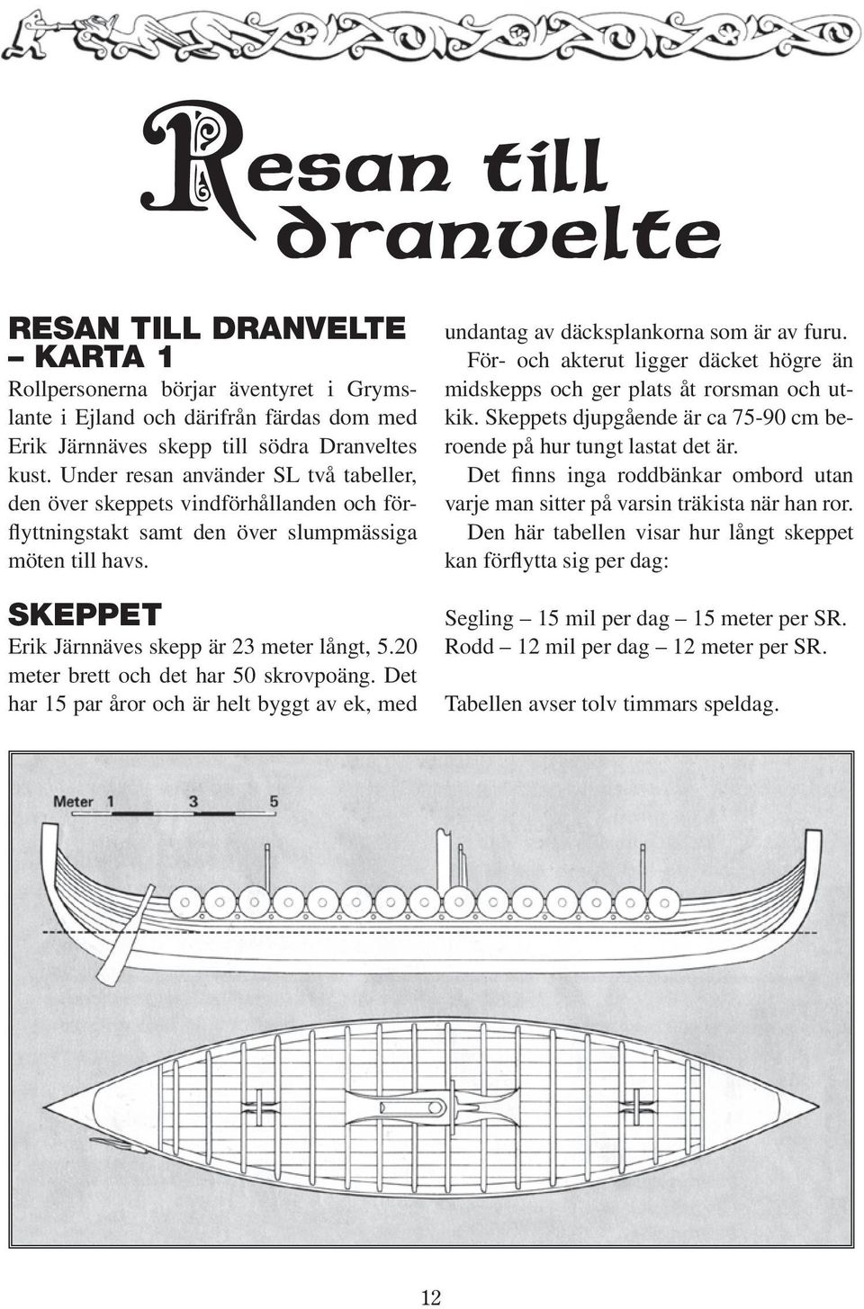20 meter brett och det har 50 skrovpoäng. Det har 15 par åror och är helt byggt av ek, med undantag av däcksplankorna som är av furu.