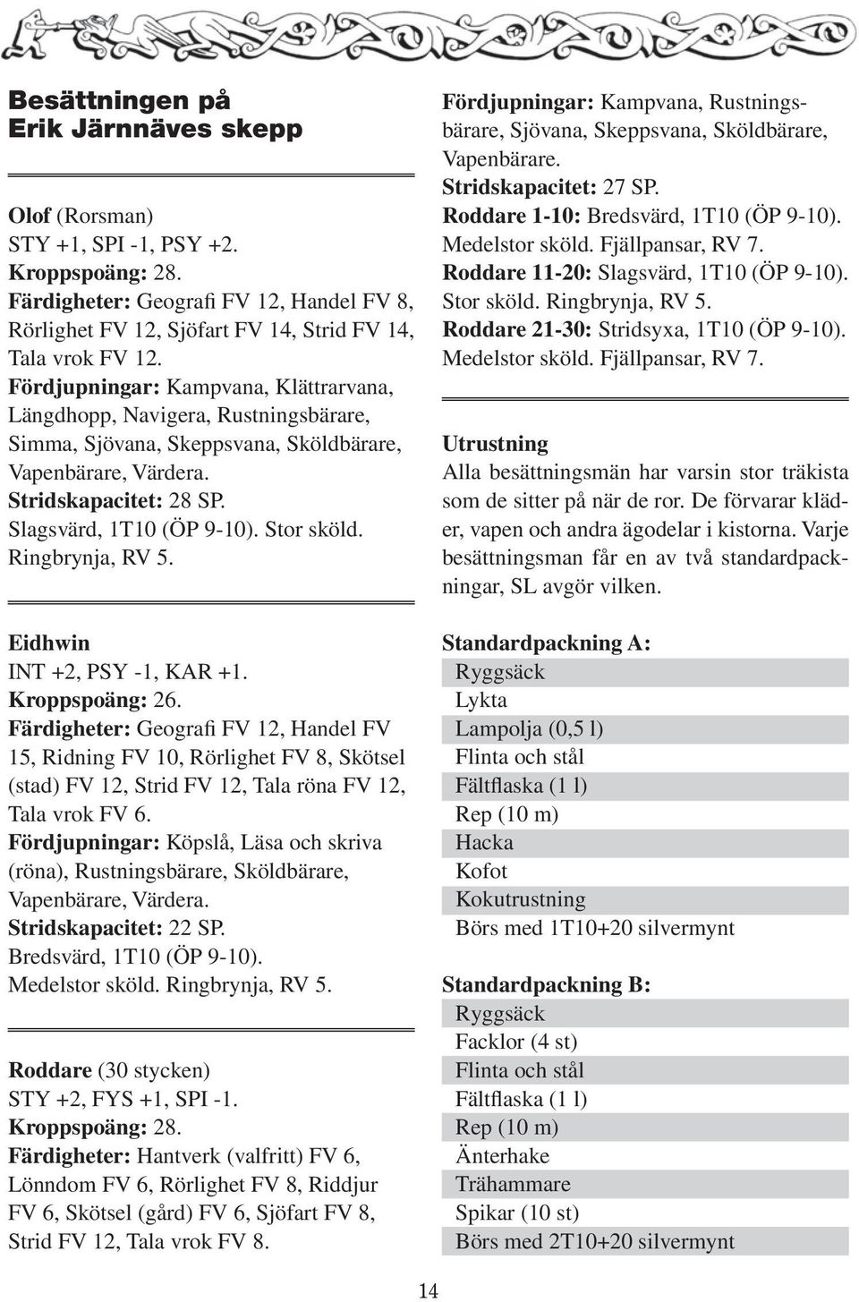 Stor sköld. Ringbrynja, RV 5. Eidhwin INT +2, PSY -1, KAR +1. Kroppspoäng: 26.