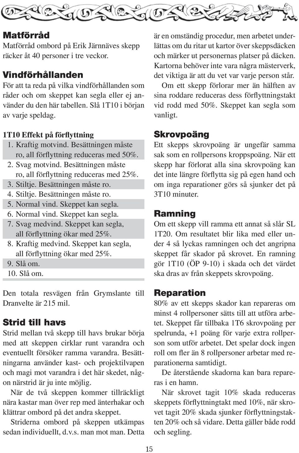 Kraftig motvind. Besättningen måste ro, all förflyttning reduceras med 50%. 2. Svag motvind. Besättningen måste ro, all förflyttning reduceras med 25%. 3. Stiltje. Besättningen måste ro. 4. Stiltje. Besättningen måste ro. 5. Normal vind.