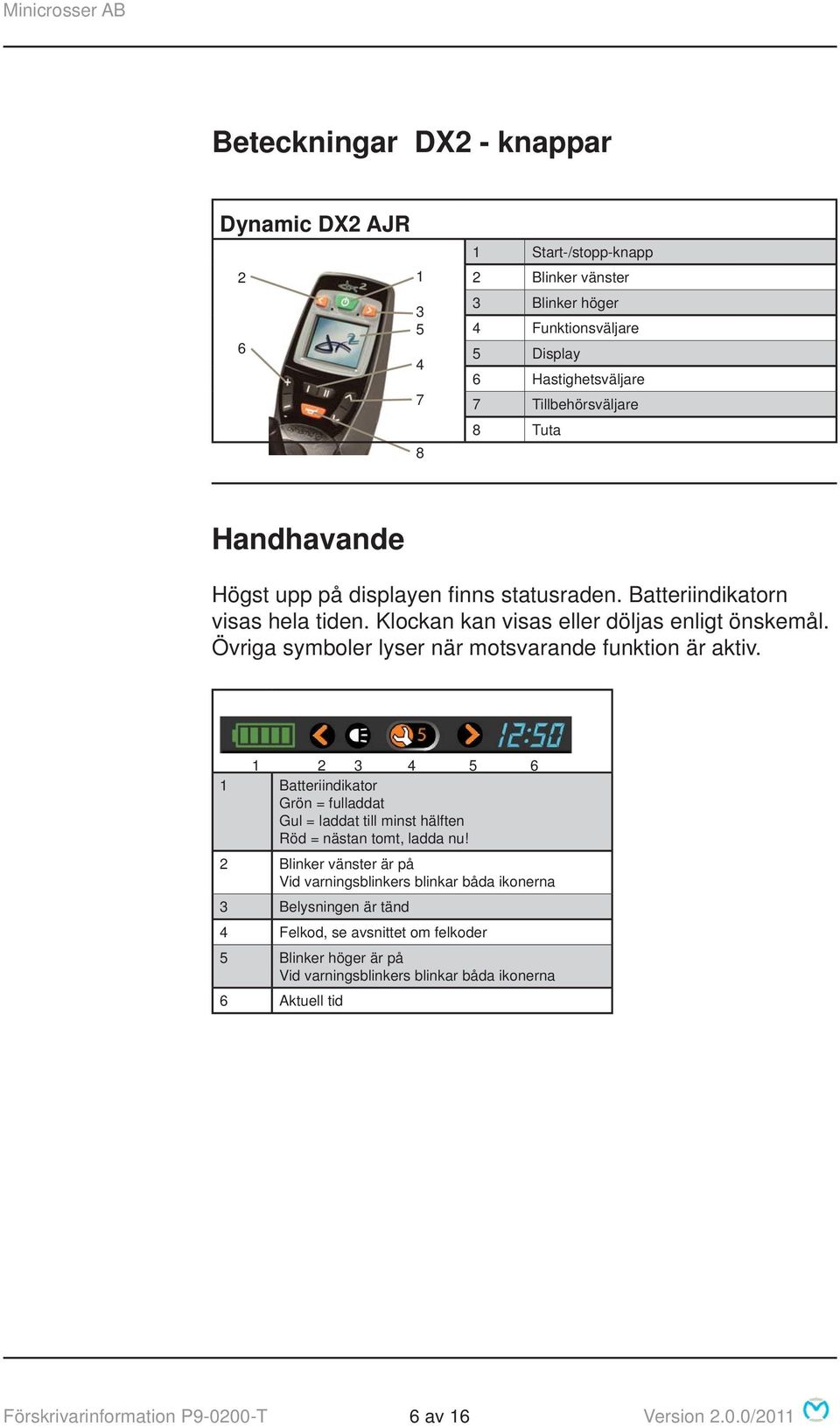 Övriga symboler lyser när motsvarande funktion är aktiv. 1 2 3 4 5 6 1 Batteriindikator Grön = fulladdat Gul = laddat till minst hälften Röd = nästan tomt, ladda nu!