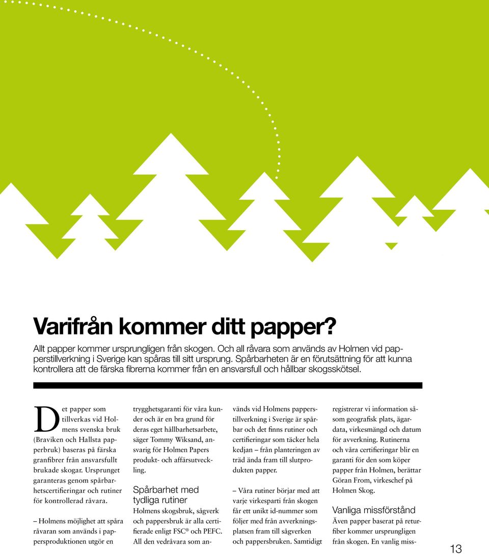 Det papper som tillverkas vid Holmens svenska bruk (Braviken och Hallsta papperbruk) baseras på färska granfibrer från ansvarsfullt brukade skogar.