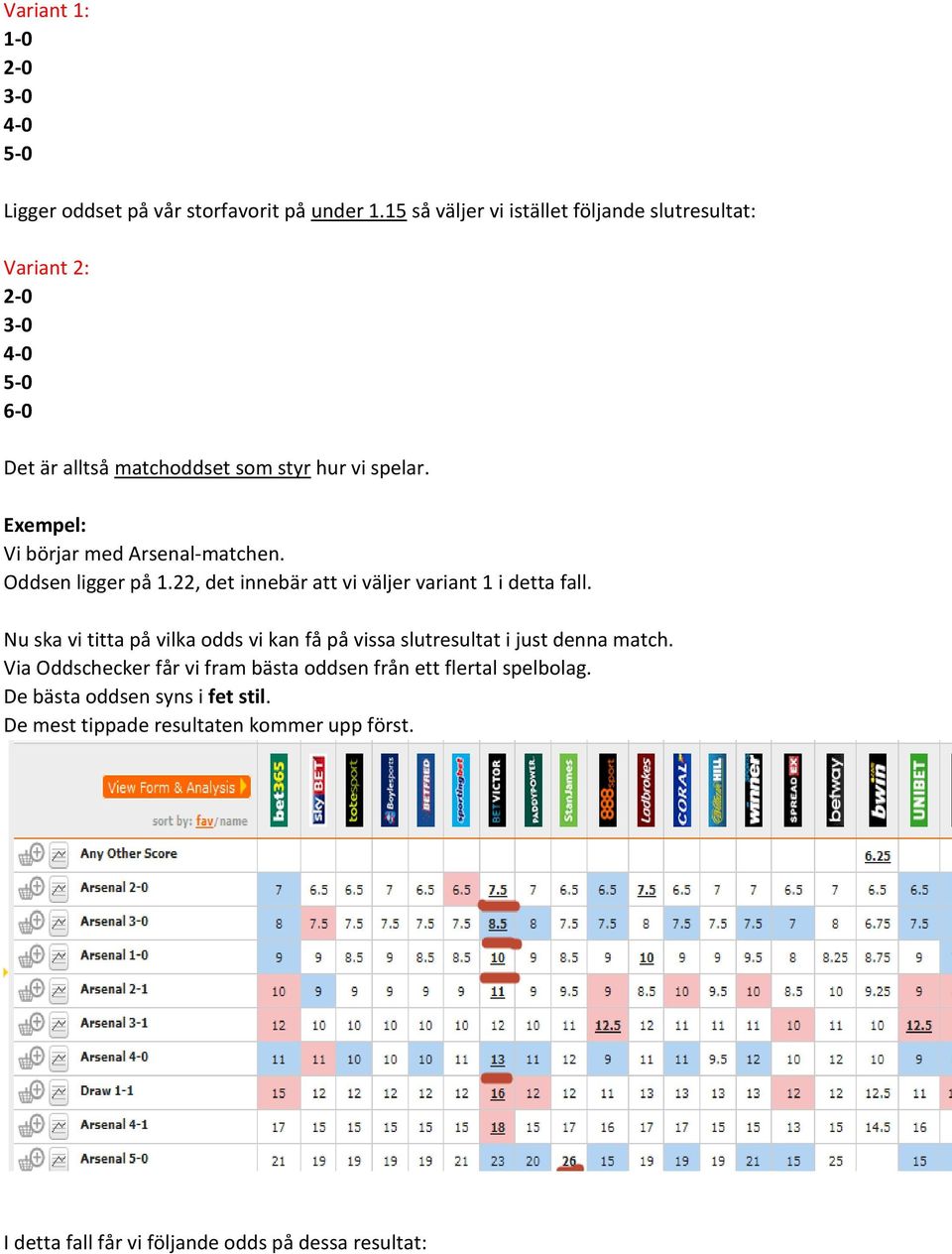 Exempel: Vi börjar med Arsenal-matchen. Oddsen ligger på 1.22, det innebär att vi väljer variant 1 i detta fall.