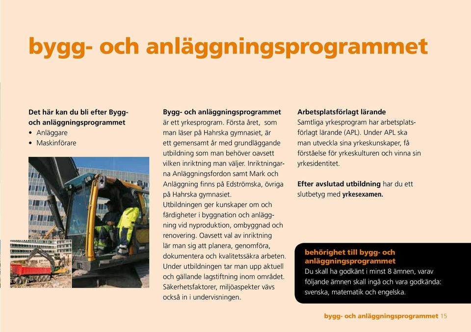 Inriktningarna Anläggningsfordon samt Mark och Anläggning finns på Edströmska, övriga på Hahrska gymnasiet.