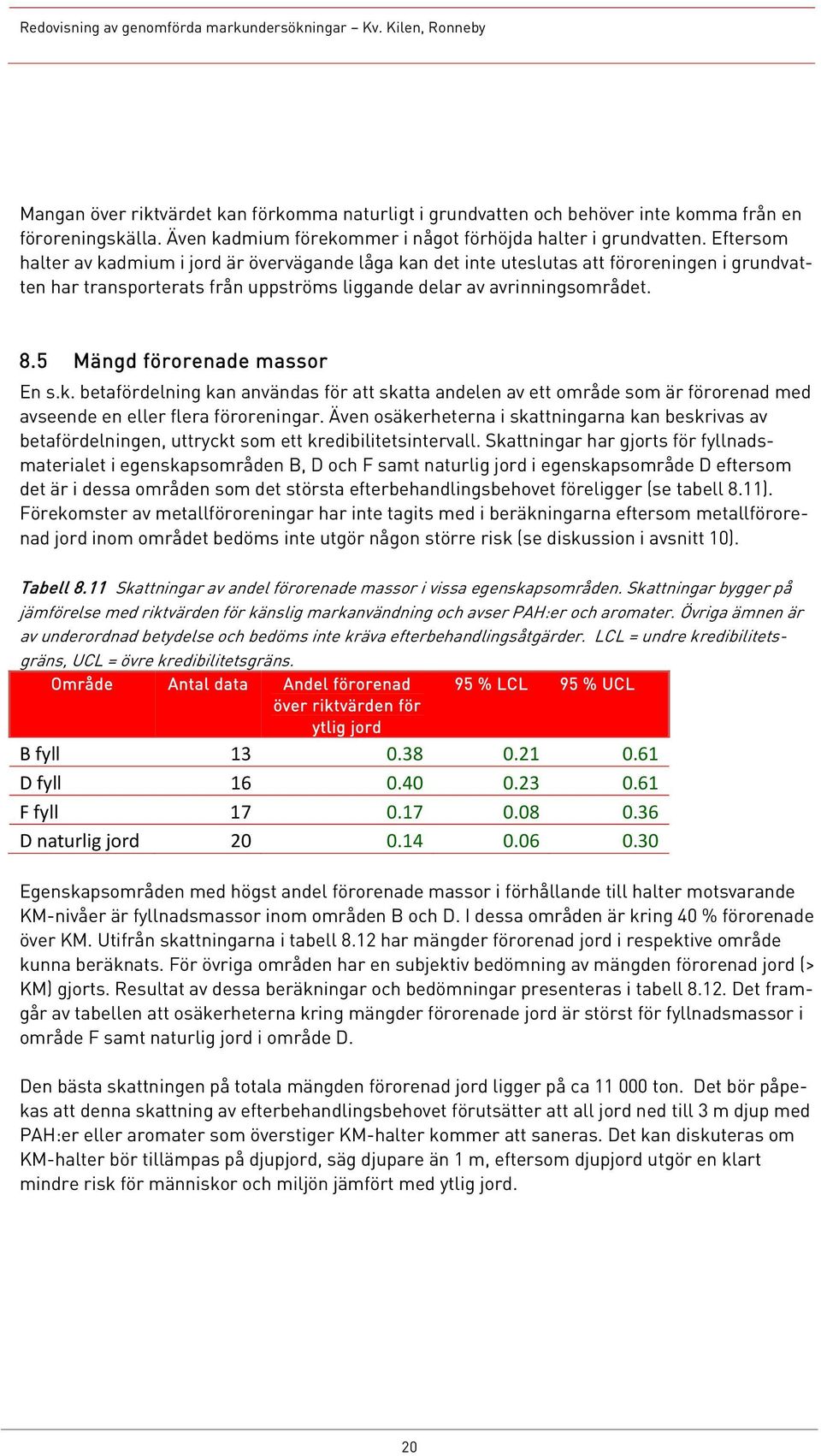 5 Mängd förorenade massor En s.k. betafördelning kan användas för att skatta andelen av ett område som är förorenad med avseende en eller flera föroreningar.