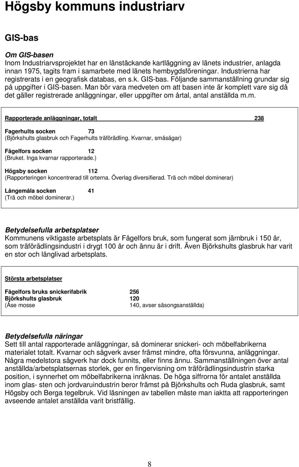 Man bör vara medveten om att basen inte är komplett vare sig då det gäller registrerade anläggningar, eller uppgifter om årtal, antal anställda m.m. Rapporterade anläggningar, totalt 238 Fagerhults socken 73 (Björkshults glasbruk och Fagerhults träförädling.