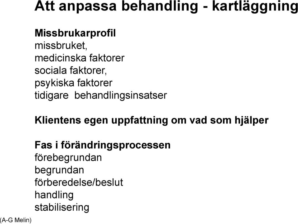 tidigare behandlingsinsatser Klientens egen uppfattning om vad som hjälper