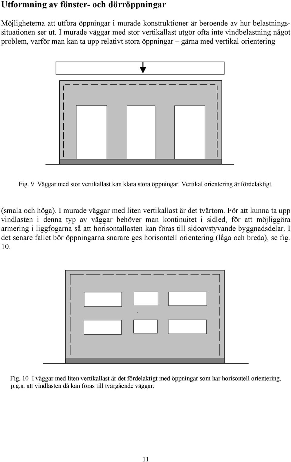 9 Väggar med stor vertikallast kan klara stora öppningar. Vertikal orientering är fördelaktigt. (smala och höga). I murade väggar med liten vertikallast är det tvärtom.