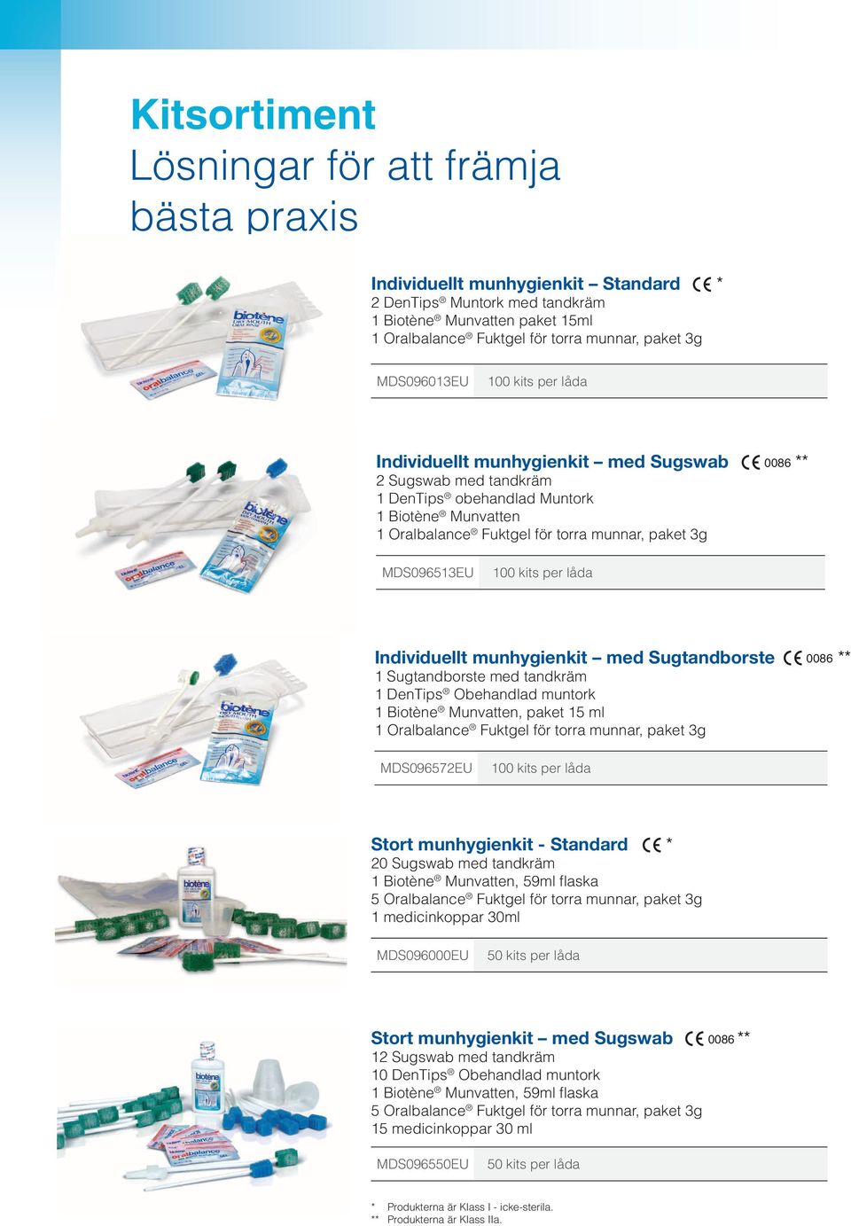 MDS096513EU 100 kits per låda Individuellt munhygienkit med Sugtandborste 1 Sugtandborste med tandkräm 1 DenTips Obehandlad muntork 1 Biotène Munvatten, paket 15 ml 1 Oralbalance Fuktgel för torra