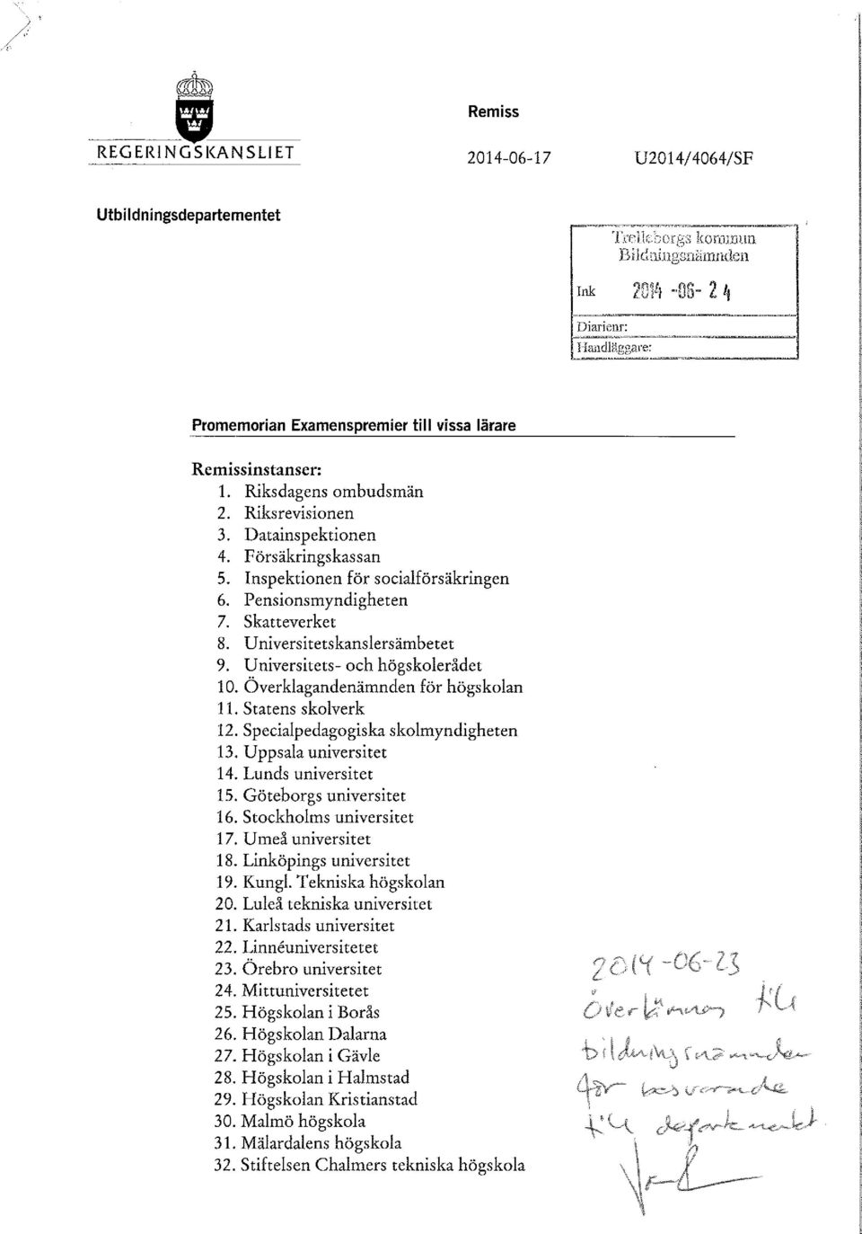 Universitetskanslersämbetet 9. Universitets- och högskolerådet 10. Overklagandenämnden för högskolan 11. Statens skolverk 12. Specialpedagogiska skolmyndigheten 13. Uppsala universitet 14.