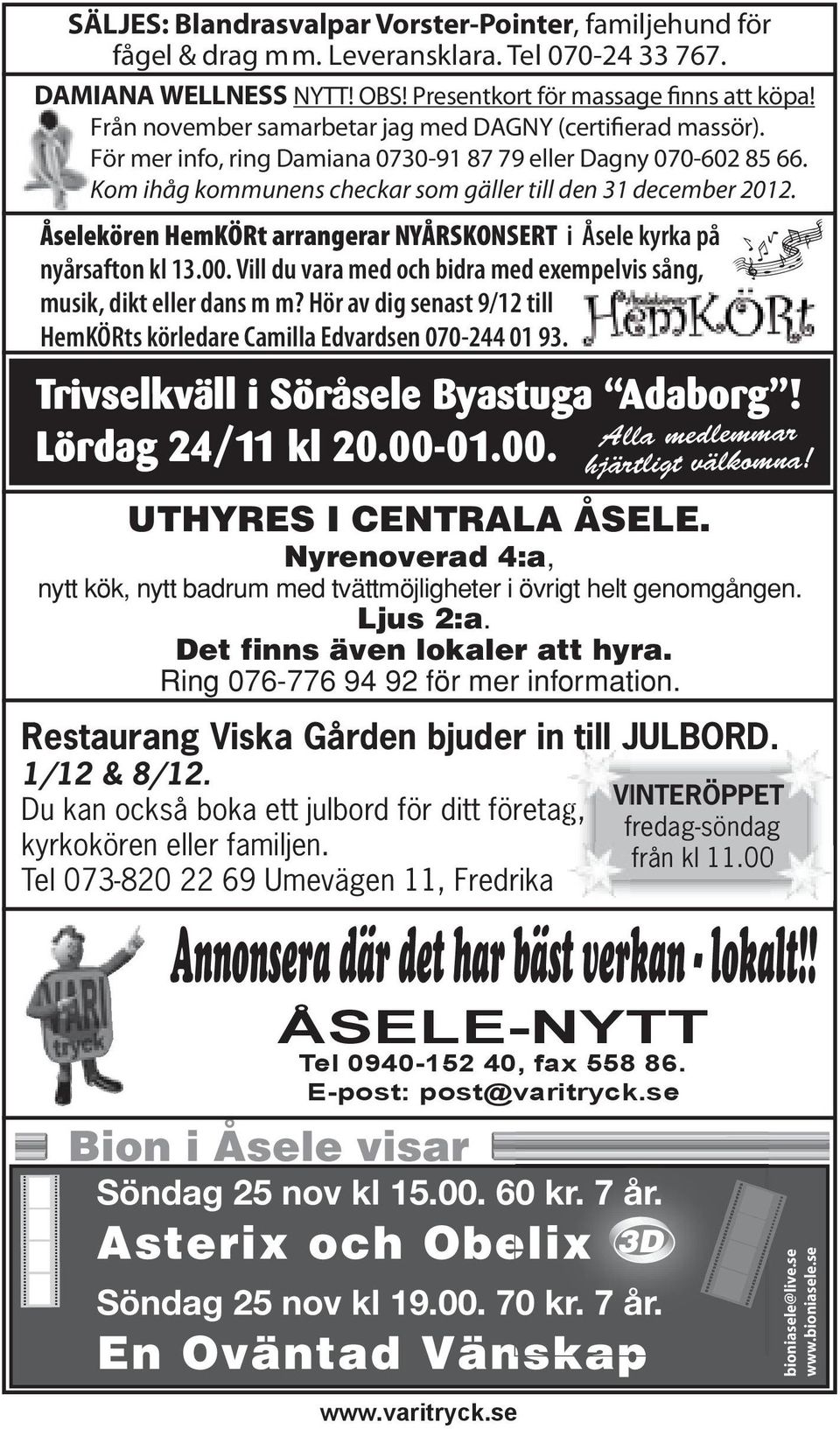 Åselekören HemKÖRt arrangerar NYÅRSKONSERT i Åsele kyrka på nyårsafton kl 13.00. Vill du vara med och bidra med exempelvis sång, musik, dikt eller dans m m?