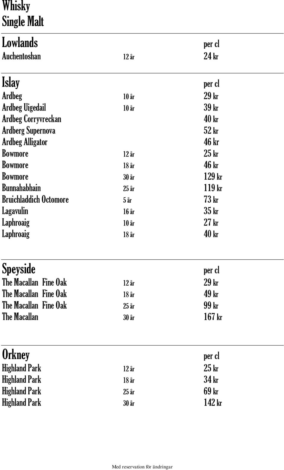 Lagavulin 16 år 35 kr Laphroaig 10 år 27 kr Laphroaig 18 år 40 kr Speyside The Macallan Fine Oak 12 år 29 kr The Macallan Fine Oak 18 år 49 kr The