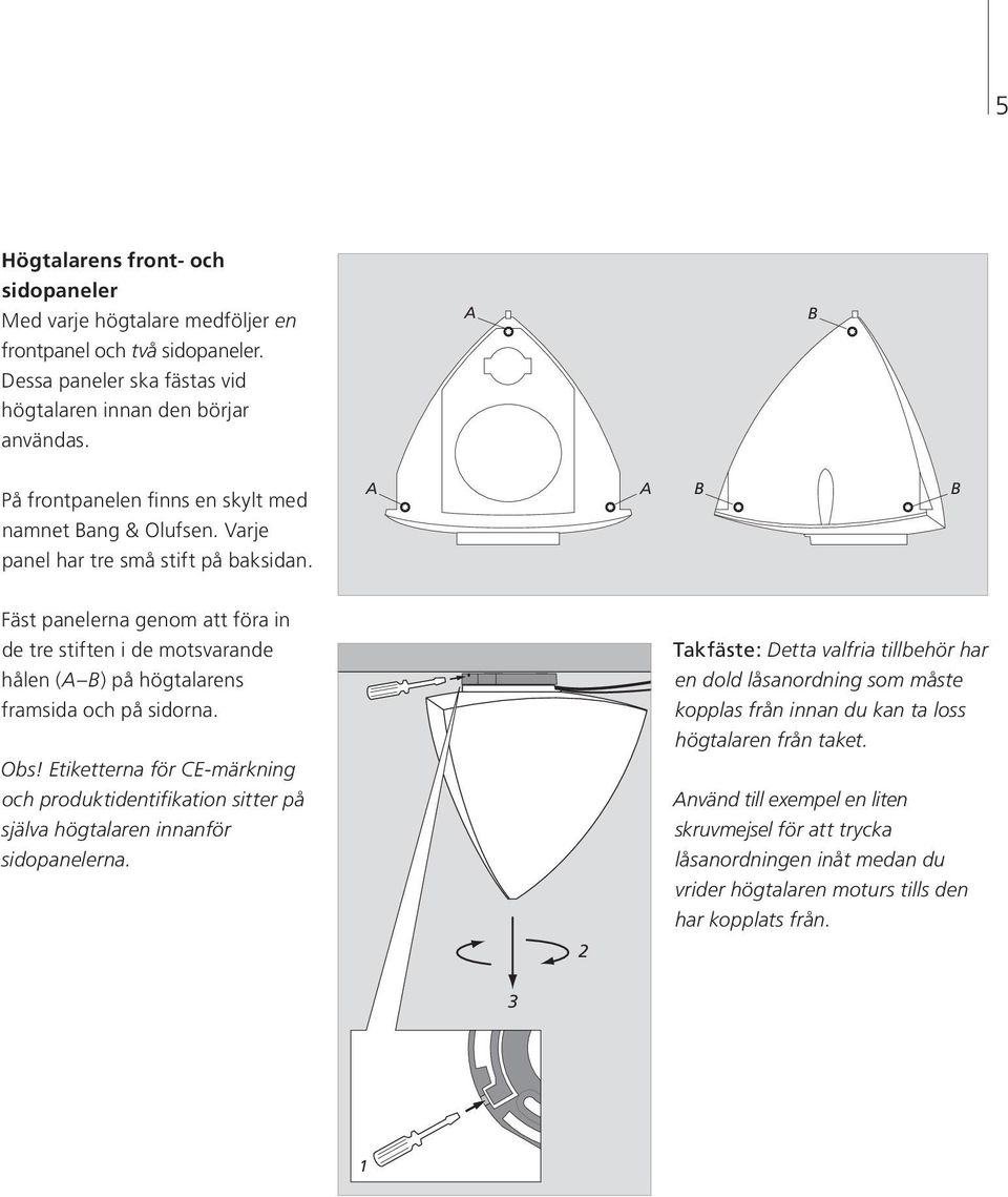 Fäst panelerna genom att föra in de tre stiften i de motsvarande hålen (A B) på högtalarens framsida och på sidorna. Obs!